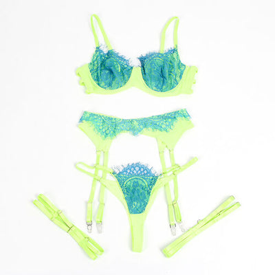 Conjunto de sutiã com renda e ligas verde e azul | Subblime