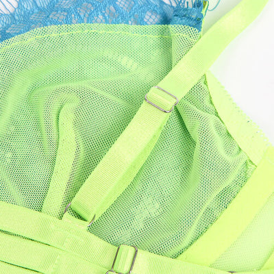 Conjunto de sutiã com renda e ligas verde e azul | Subblime