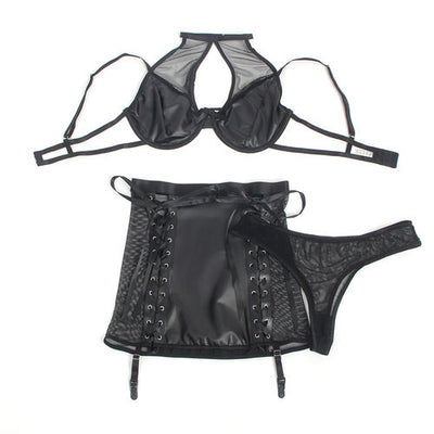 Conjunto de sutiã e saia de couro preto | Subblime